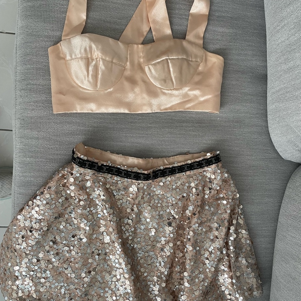 Chic Beige Crop Top and Sequin Skirt Set
